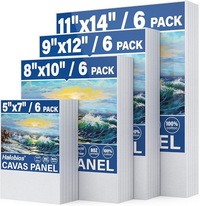 Halobios 24-Pack Canvas Boards for Painting, 6 of 5x7 8x10 9x12 11x14 Canvas Panels for Kid & Adults 100% Cotton Gesso Primed Art Painting Supplies for Acrylic, Oil, Tempera & Watercolor