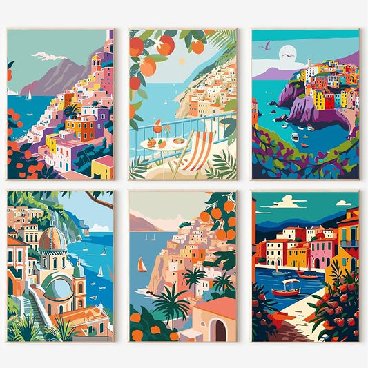 cupmod 6 Packs Scenery-Cityscape Paint by Numbers Kit for Adults,DIY Watercolor Acrylic Oil Painting Landscape Paint by Numbers Kits on Canvas,Adults Paint by Numbers Kits for Home Decor 9.8x12.8inch