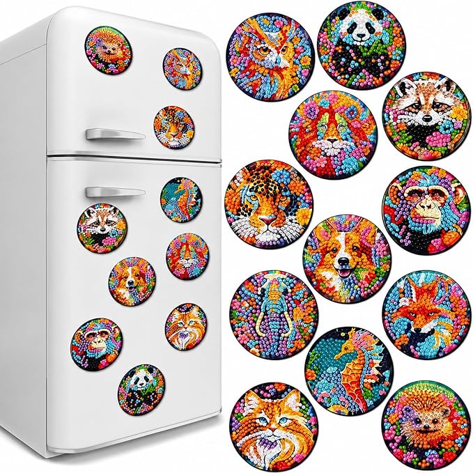 Zonon 12 Pcs Diamond Painting Magnets Kits, Psychedelic Animal Fridge | Boho Floral Animal Art Stickers, Easy DIY Magnetic Decor for Adults, Refrigerator Decorations, Colorful Home Designs
