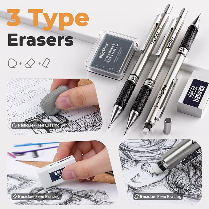 Nicpro 37PCS Art Drawing Supplies Kit | Metal Mechanical Pencil Set 0.5, 0.7, 0.9 & 2mm, 100 Sheets 9x12 Sketch Book, 288PCS Leads, School Supplies Drawing Kit