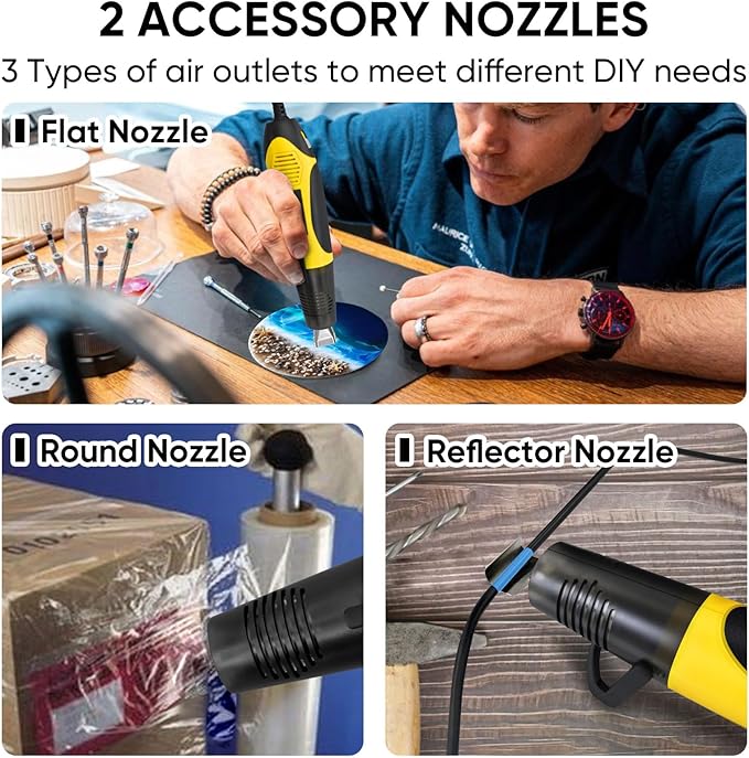 ROMECH 350W Heat Gun with 2 Nozzles, Dual Temp Heat Gun 400°F-660°F, Fast Heat Hot Air Gun with Overload Protection for DIY Craft Embossing Shrink Wrapping (Yellow)