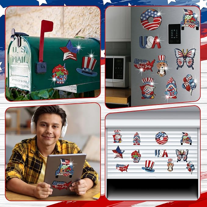Zonon 12 Pcs 4th of July Diamond Art Magnets Patriotic Flag Gem Stickers | Red White Blue Designs, Diamond Magnets for Fridge Decor, American Themed Magnetic Kits, Adults DIY Home Celebrations