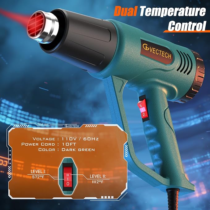 Heavy Duty Heat Gun Kit with Carrying Case, 10FT Long Power Cord, 4 Nozzles, Paint Scraper & Heat Shrink Tubing, Dual Temp Settings, Professional Hot Air Gun for Paint Removal, DIY, PVC