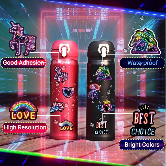 Water Bottle Stickers 300 Pcs Cute Cool Neon Sticker Packs, Classroom Rewards Prizes for Kids, Waterproof Vinyl Stickers for Water Bottles Laptop Scrapbooking Skateboard Journal Guitar Suitcase etc