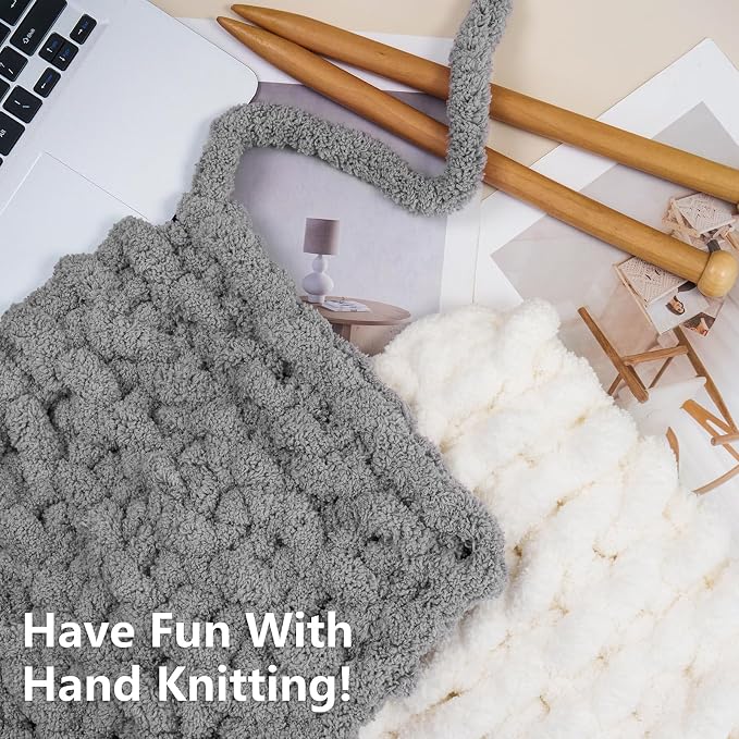 Cozyful Chunky Yarn for Hand Knitting - #10 Chunky Chenille Yarn, Jumbo Big Thick Chunky Yarns for Crocheting, Super Bulky Chunky Knit Blanket Yarns, 8 Skein (22yd, 8oz/Skein), Cream & Grey