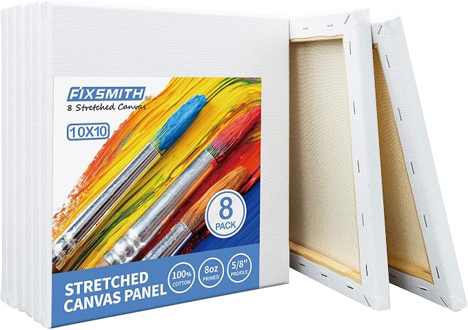 FIXSMITH Stretched White Blank Canvas - 10 x10 Inch, Bulk Pack of 8, Primed, 100% Cotton, 5/8 Inch Profile of Super Value Pack for Acrylics,Oils & Other Painting Media.