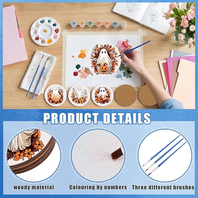8 Pack Halloween Paint by Numbers Kits Coasters with Holder Cork Pads | Autumn Ghost Paint by Number Kits for Adults Simple Round Oil Painting Coaster for Small DIY Craft Holiday Gift 3.9x3.9in