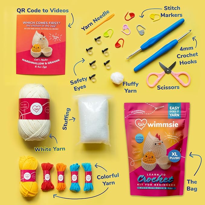 Wimmsie Crochet Animal Kit for Beginners - Easy Beginner Crochet Kit for Kids - Amigurumi Chicken Chick & Egg - 3 Kawaii Stuffed Animals - Cute DIY Yarn Plush