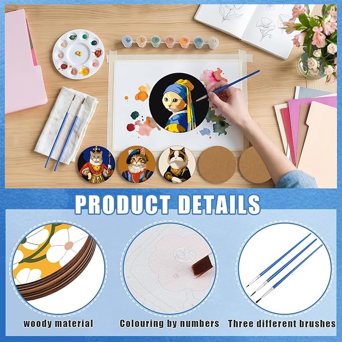 DPARTGMJT 8 Pack Cats Paint by Numbers Kits Coasters with Holder Cork Pads | Cat Paint by Number Kit for Adults Simple Round Oil Painting Coaster for Small DIY Craft Holiday Birthday Gift 3.9x3.9in