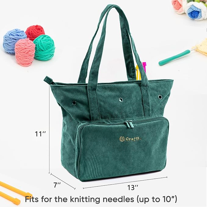 MYBAGZING Large Yarn Tote Organizer – Corduroy Knitting Storage Holder for Yarn, Hooks & Accessories, Portable Craft Carryall for Crocheting Lovers, Mother’s Day Gift