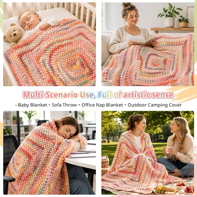 Coopay Crochet Kit for Beginners, Variegated Granny Square Blanket Kit