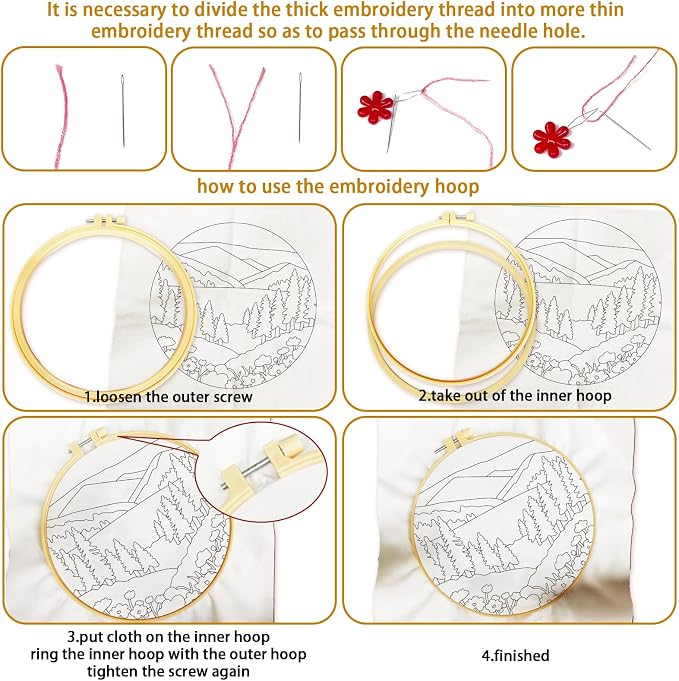 BEUNITONE 4 Set Forest Pattern Embroidery Kit for Adult Beginners Scenery Pre-Printed Designs Cross Stitch Kits, Needlepoint Kits for Adults, Handmade Embroidery for Home Decor 20x20cm