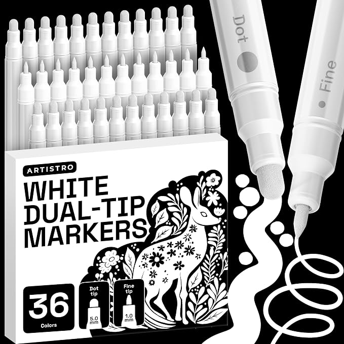 ARTISTRO White Dual-Tip Acrylic Paint Marker Pens - Set of 36 | For Fabric, Rock, Glass, Wood, & Coloring Books, Arts & Crafts Gift, Classroom Must Haves & School Supplies (Dot & Fine Tips)