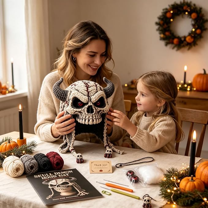 Halloween Hat DIY Crochet Kit, Fantasy Hood Hat DIY Crochet Kit, Skull