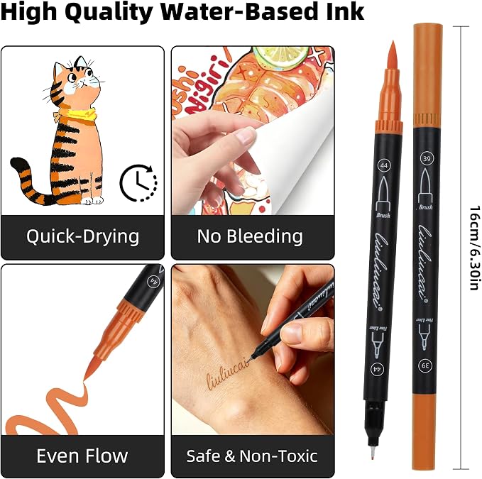 LIULIUCAI 10 Orange Dual Marker, Fine & Brush Tip Pen for Adult Coloring