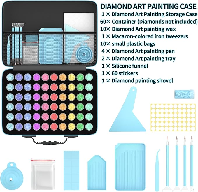 VANSUNS 60 Slots Diamond Painting Storage Containers Kits, Thickened Waterproof Portable Bead Storage Boxes for Diamond Painting Accessories and Tools, Blue