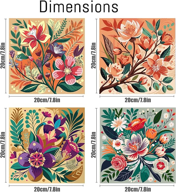 Canrichshop 4 Pack Paint by Numbers for Beginner with Frame,Flowers Adult Paint by Number Kits on Canvas, DIY Number Painting for Adults for Decor 8X 8 inch