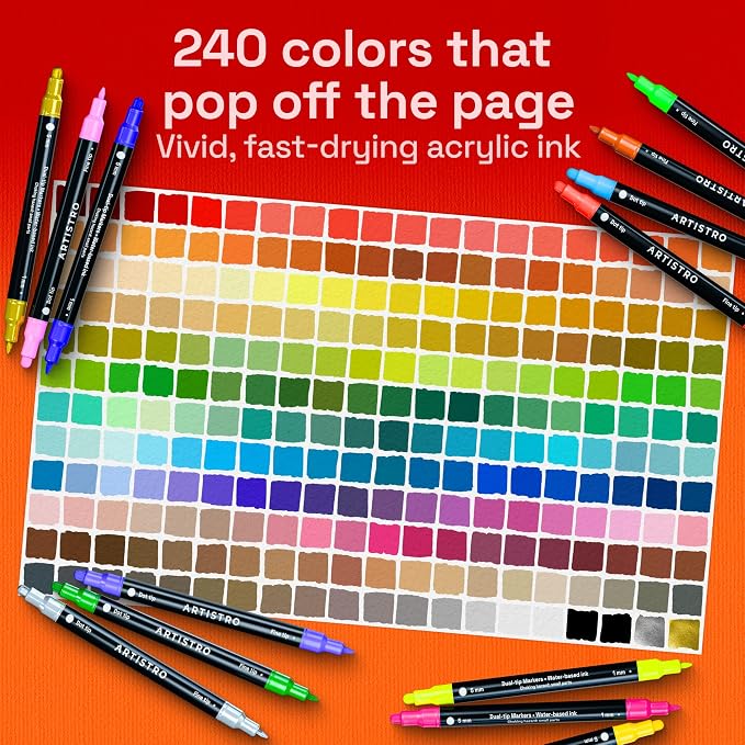 ARTISTRO Dual-Tip Acrylic Paint Marker Pens - Set of 240 | For Fabric, Rock, Glass, Wood, & Coloring Books, Arts & Crafts Gift, Classroom Must Haves & School Supplies (Dot & Fine Tips)