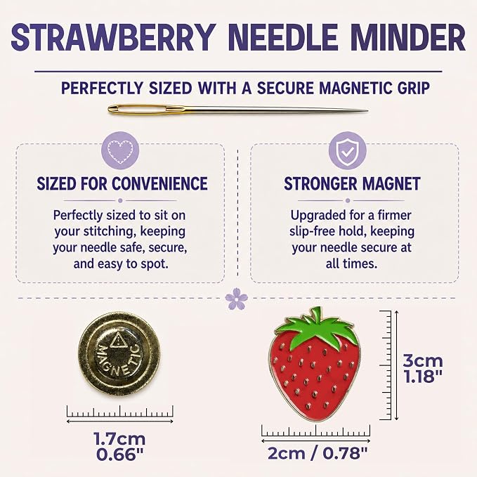 The Quilted Bear Magnetic Needle Minder, Strawberry | Enamel Needle Keeper for Embroidery & Cross Stitch, Secure Holder for Sewing Needles & Pins, Strong Magnet, Sewing Accessory