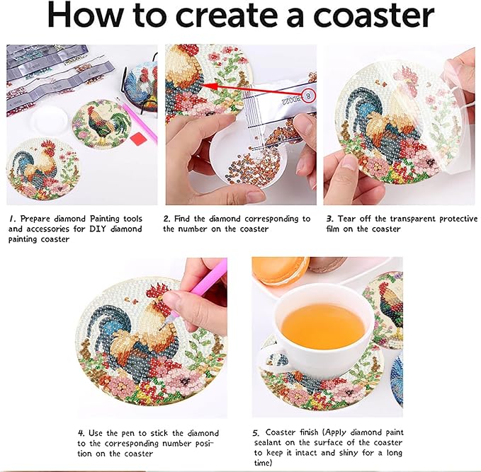 askkqtx 8 Pcs Chicken Diamond Art Coasters Kits with Holder 4X4 Inch