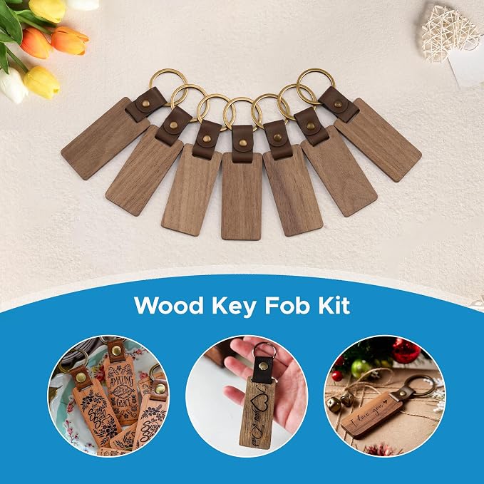 OMTech Wooden Keychain Blanks, Wood Key Chain Bulk, Unfinished Wooden Key Rings Key Tags for Laser Engraving DIY Craft Gift
