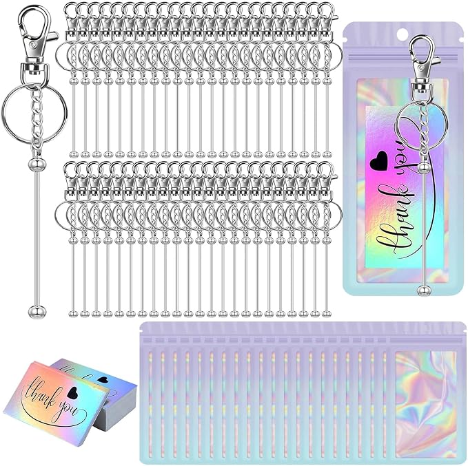 42/84/126 Pcs Beadable Keychain Bars Bulk Blank DIY Beaded Keychain Making Supplies with Bag Thank You Card