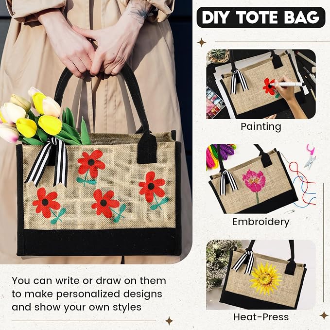 Sweetude 4 Set Jute Burlap Tote Bag with Canvas Makeup Pouch Reusable DIY Craft Blank Gift Bags for Wedding Bridesmaid(Simple,Black)