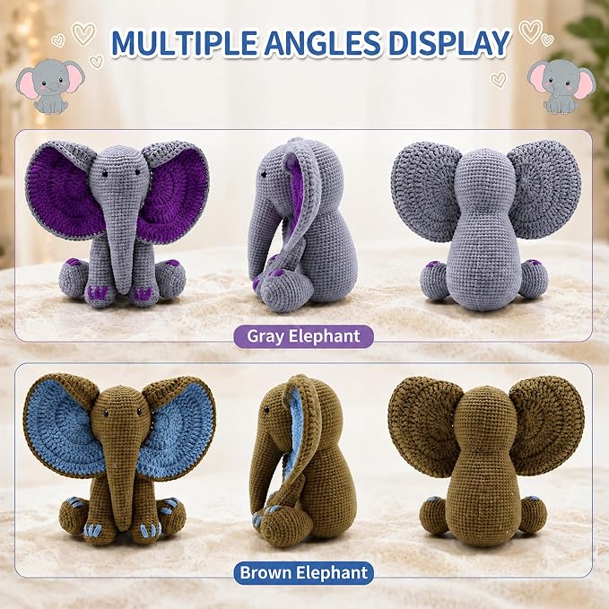 JYZJDKE Crochet Kit for Beginners Adults - DIY Amigurumi Elephant Knitting Starter Kit with Yarn Sets, Crochet Animal Kit Cute Stuffed Animal Craft Birthday Gifts (Grey Purple+Coffee Blue Elephant)