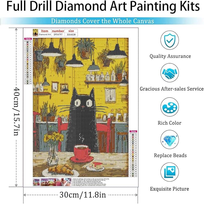 Diamond Art Kits for Adults,Black Cat Diamond Painting Kits 12x16in