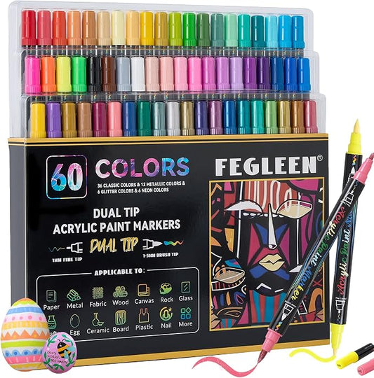 60 Colors Acrylic Paint Markers,Dual Tip Acrylic paint Pens Contain 12 Metallic Colors 6 Glitter and 6 Neon Markers for Rock Painting,Egg,Wood,Glass,Canvas,Ceramic,Crafts,Art Supplies