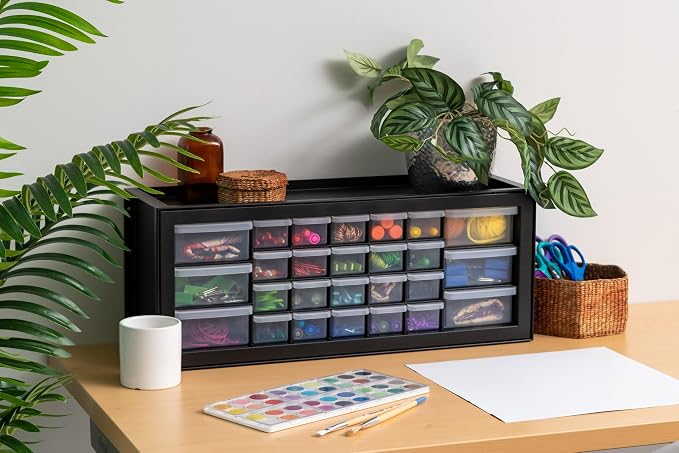 IRIS USA 26-Drawer Teacher Toolbox, Stickers, Markers, Made in USA, Black | Wall mountable, Stackable, Craft Supplies, Building Bricks, Crayons, Beads Organizer