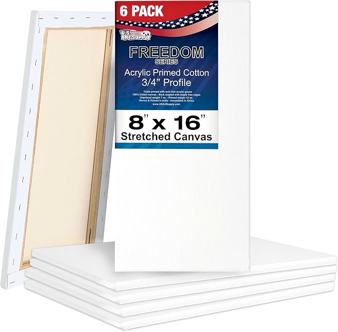 U.S. Art Supply 8"x16" Stretched Canvas for Painting, 3/4" Profile, 6-Pack
