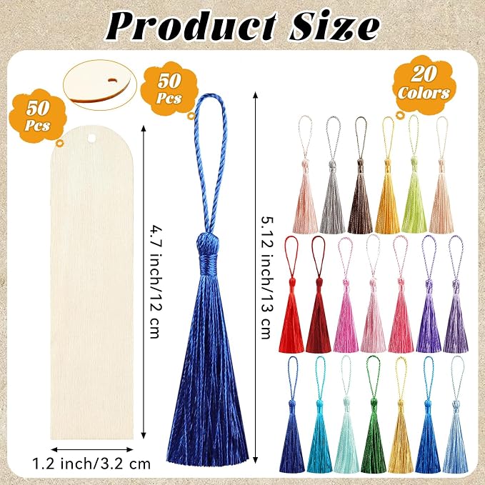 50 Pcs Wooden Bookmarks, Unfinished Wooden Bookmarks with 50 Pcs Tassels, DIY Blank Wood Bookmark for DIY Art Crafts, Birthday Gifts, Christmas Party Decoration (Arch Shape)