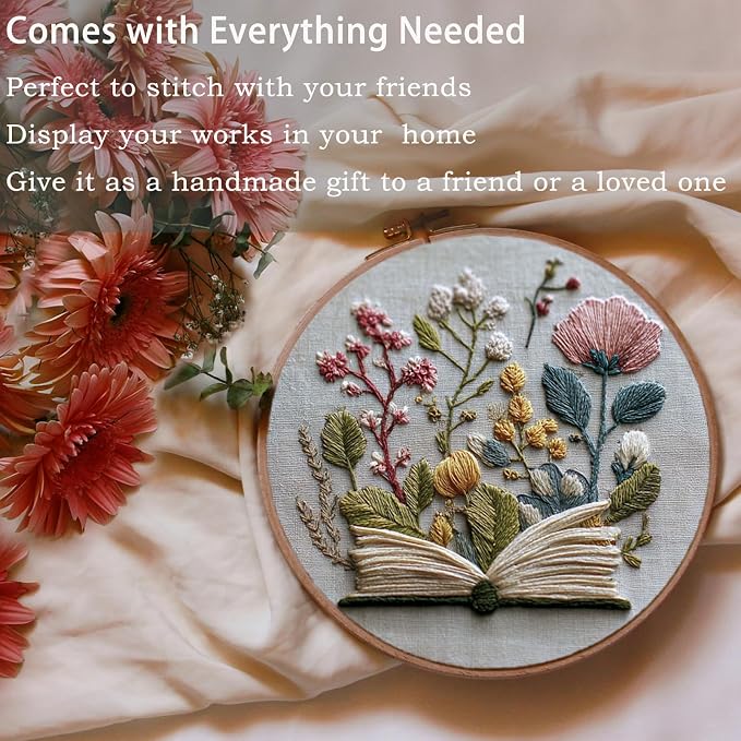FONNUY Embroidery Kit for Beginners, Flower Book Pre-Stamped Pattern Kits for Adults with Hoop, Cross Stitch Easy to Follow Color Thread Needlework, 8'' Hoop (Green)