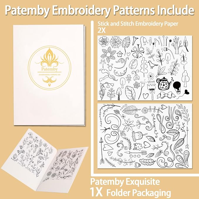 Patemby Embroidery Pattern Water Soluble Embroidery Stabilizers, Stick and Stitch Embroidery Paper Wash Away with Pre-Printed Pattern Designs Stencils Transfers for Hand Sewing Lover Beginner