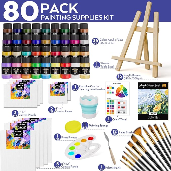 Nicpro 80PCS Acrylic Paint Canvas Set for Adults with 36 Paints (36ML) | Art Painting Supplies Kit, Table Wood Easel, 10 Canvas Panels, 12 Paint Brushes, Paper Pad, Cup, Palette, For Beginner Artist