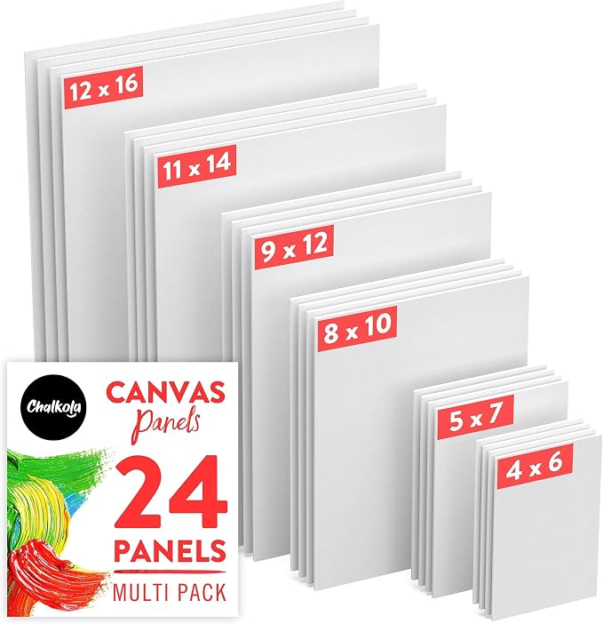 Chalkola 24 Pack Paint Canvases for Painting - Blank Art Canvas Panels | Multipack 4x6, 5x7, 8x10, 9x12, 11x14, 12x16 inch (4 Each) - 100% Cotton, Primed, Acid Free Art Canvas Boards for Painting