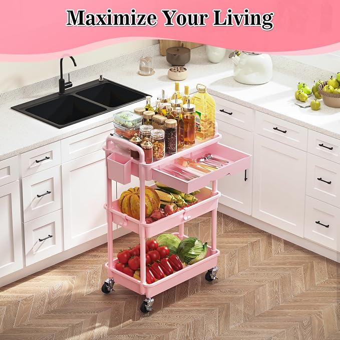 SUNALLY 3 Tier Rolling Cart with Drawer, Craft Storage Cart Organizer, Pink