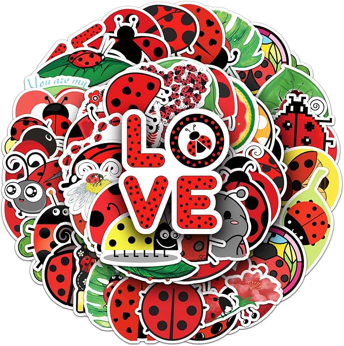 50Pcs Waterproof Ladybug Stickers, Cute Ladybird Vinyl Decals for Water Bottle, Laptop, Luggage, Skateboard, Scrapbooking, DIY Decor (Ladybug)