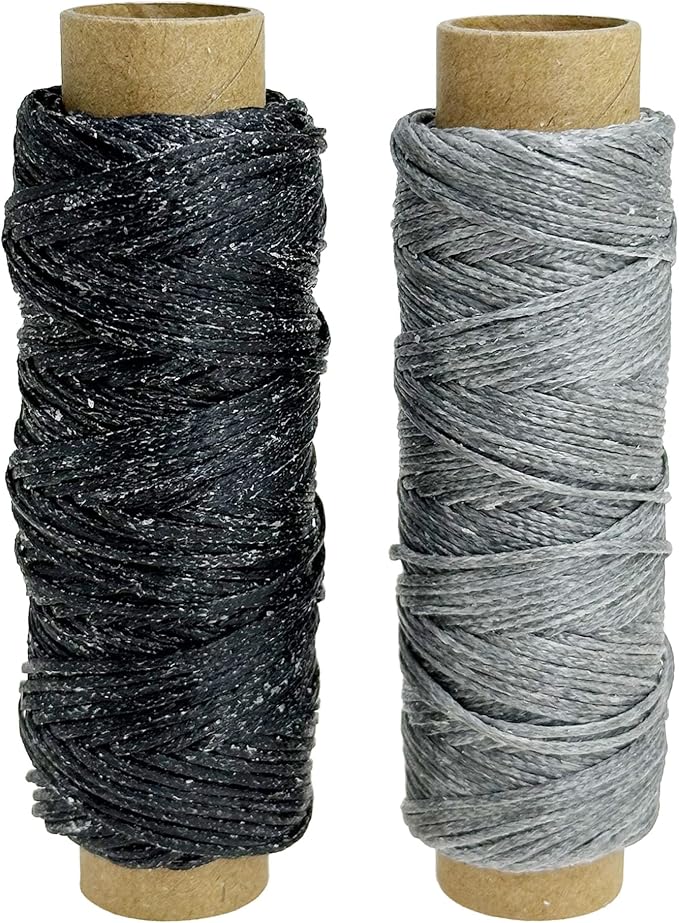 2 PCS Leather Sewing Waxed Thread, Each of 33 Yards 150D Sewing Thread Cord for Leather Craft DIY Supplies, Shoes Repairing, Black and Grey