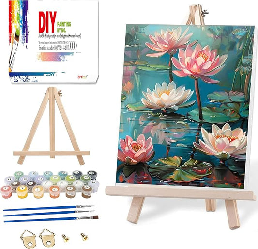Ausanrl Flowers Framed Paint by Numbers Wooden Easel-Adult Paint by Number Kits on Canvas Framed,Lotus Paint by Numbers with Frame,Gifts and Home Wall Decor 12x16inch