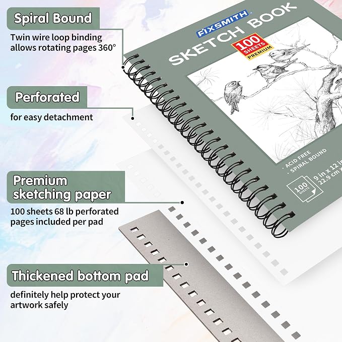 FIXSMITH 9"X12" Sketch Book, 100 Sheets, 68 lb/100gsm Sketchbook, Green | Acid Free Drawing Paper | Spiral Bound Artist Sketch Pad | for Kids, Beginners, Artists & Professionals | Bright White