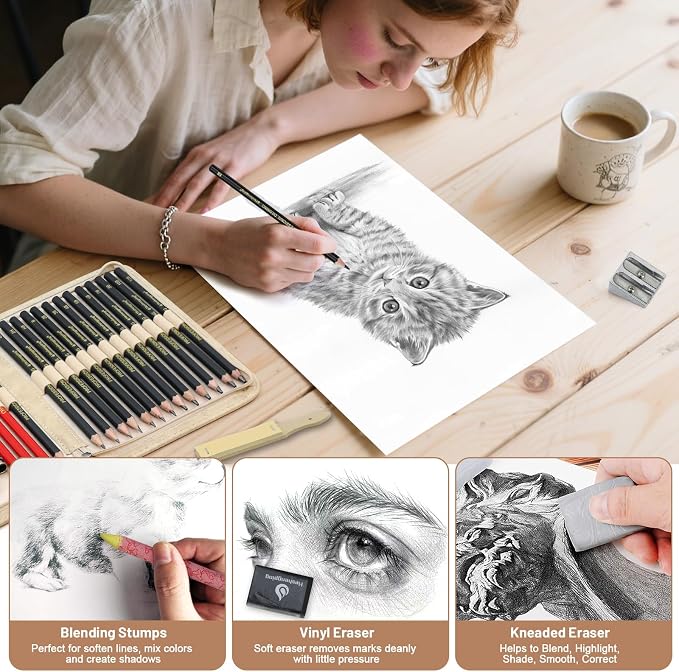Heshengping, Sketching and Drawing Pencils Set 26pcs, Art Supplies Drawing pencil Kit,Graphite Charcoal Professional Pencils Set, Adults Beginners Artist