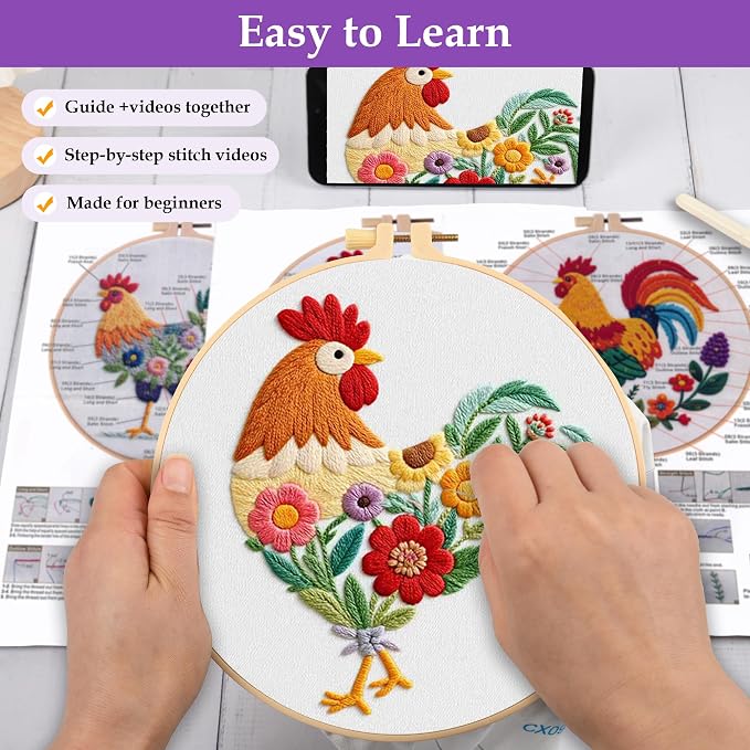 Uniartfy 3 Pack Funny Rooster and Flower Embroidery Kits for Beginners, Animal Cross Stitch Kit for Adults, DIY Needlepoint with Stamped Pattern, Embroidery Hoop, Tools, Colorful Threads, Instructions