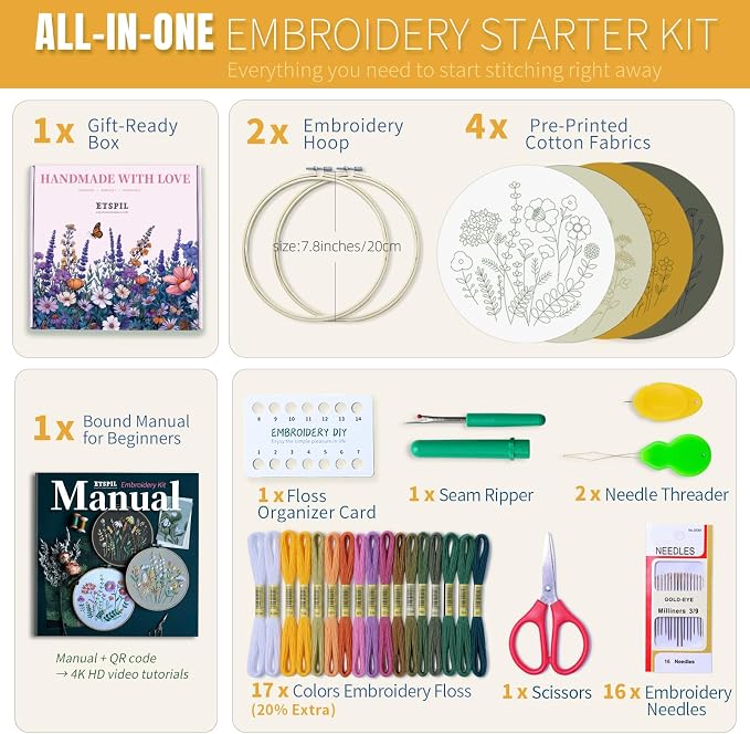 ETSPIL Embroidery Kit for Beginners, 2 Hoops, 4K Video, 4 Floral Patterns | Stitch Side by Side. Lines Fade as You Stitch. All Tools Included. Easy to Start, Weekend Family Craft