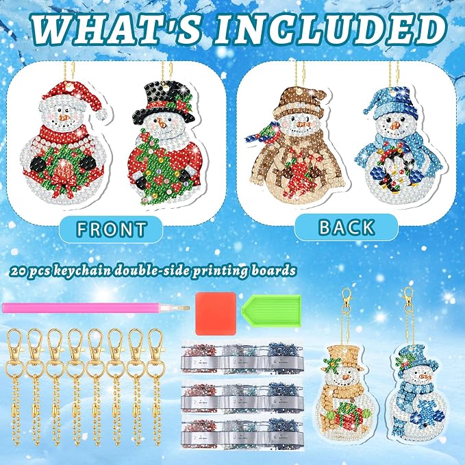 Tondiamo 20 Pcs Christmas Diamond Painting Keychain Kits 5D DIY Diamond Art Pendants Double Sided Hanging Key Chains for Christmas Party Decoration DIY (Snowman)