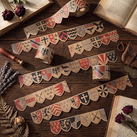 Crtiin 3 Roll 16.4 ft Vintage Washi Tape Middle Ages Banners Tapes Medieval Retro Heraldic Flag Tape Set Renaissance Vintage Style for Scrapbooking Journal Crafts DIY Art Projects Stamping Supplies