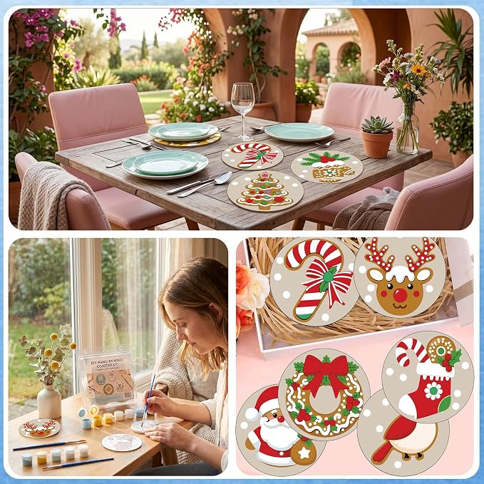 8 Pack Christmas Paint by Number Kits Coasters with Holder Cork Pads | Paint by Numbers Kits for Adults Simple Round Oil Painting Coaster for Small DIY Craft Holiday Birthday Gifts 3.9x3.9in