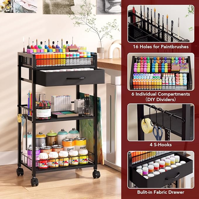 Homsorout 3 Tier Rolling Cart - Metal Utility Cart with Storage Drawer and Wheels, Versatile Art & Craft Organizer for Home, Office, or Studio Ideal for Storing Brushes, Paints, and Supplies Black