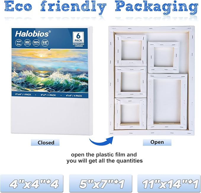 Halobios 6 Packs Stretched Canvases for Painting with 4x4in, 5x7in, 11x14in Canvas, Blank Canvases for Acrylics, Oils & Other Painting Media, 5/8 Inch Profile 100% Cotton Artist Framed Canvas